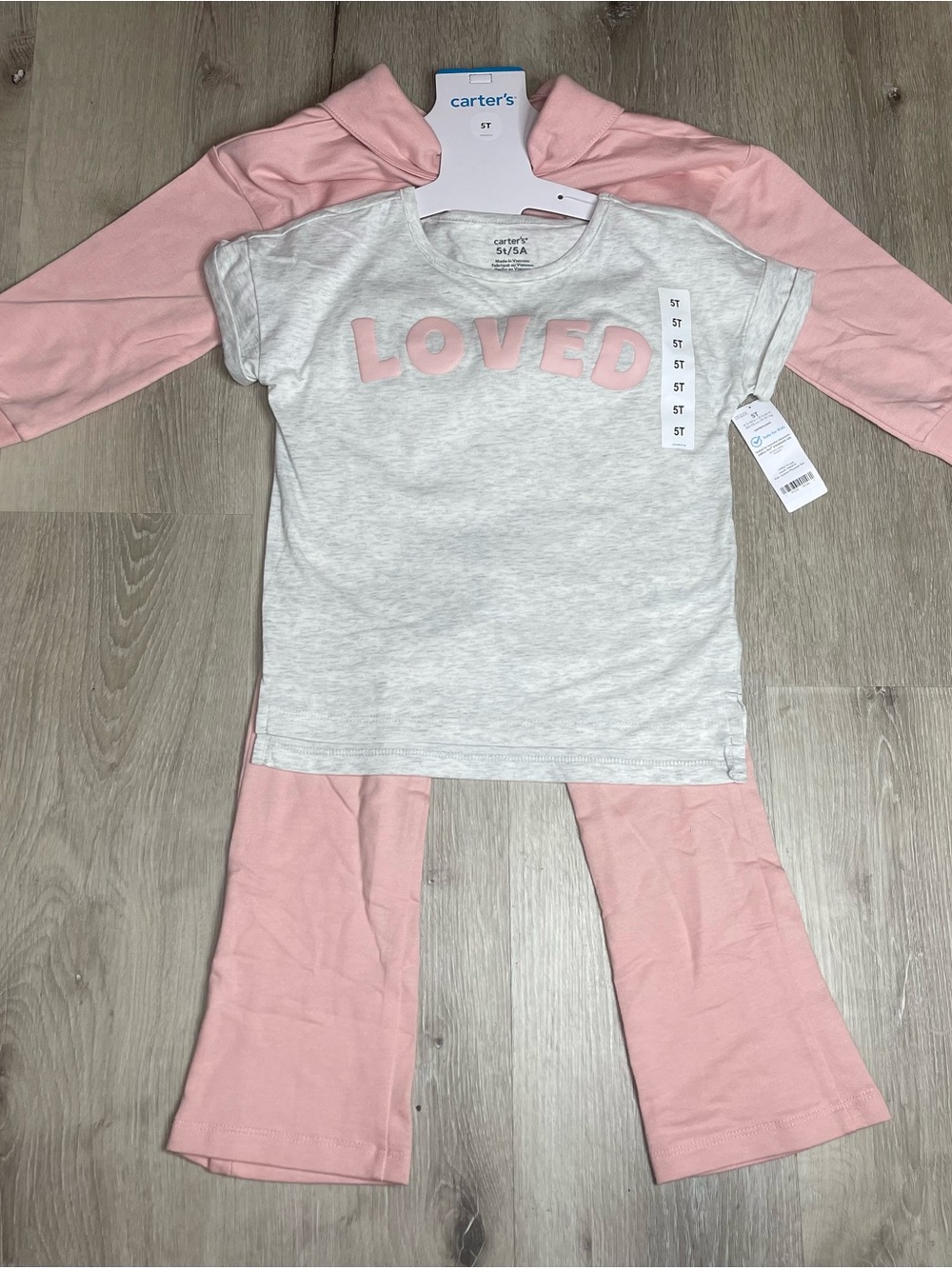 Carter’s 5T 3-Piece Playwear Set – Pink Quarter-Zip + “LOVED” Tee + Flare Pants